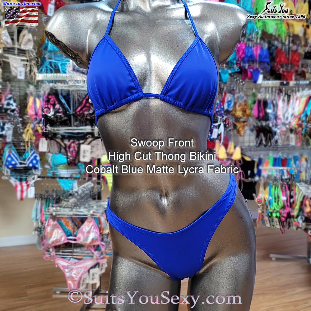 Swoop front high cut thong bikini, model full body front view, USA-made swimwear