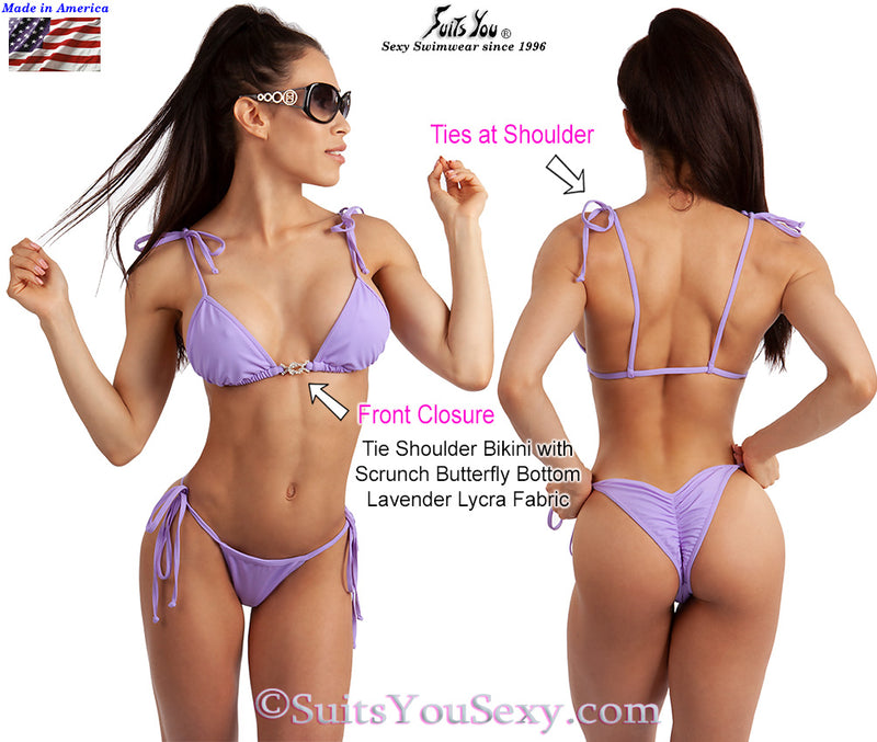 Tie Shoulder Top Bikini with scrunch bottom, 4 colors.
