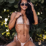 Tiny thong bikini with sequin overlay, model Lauralie, double cutout top, made in USA