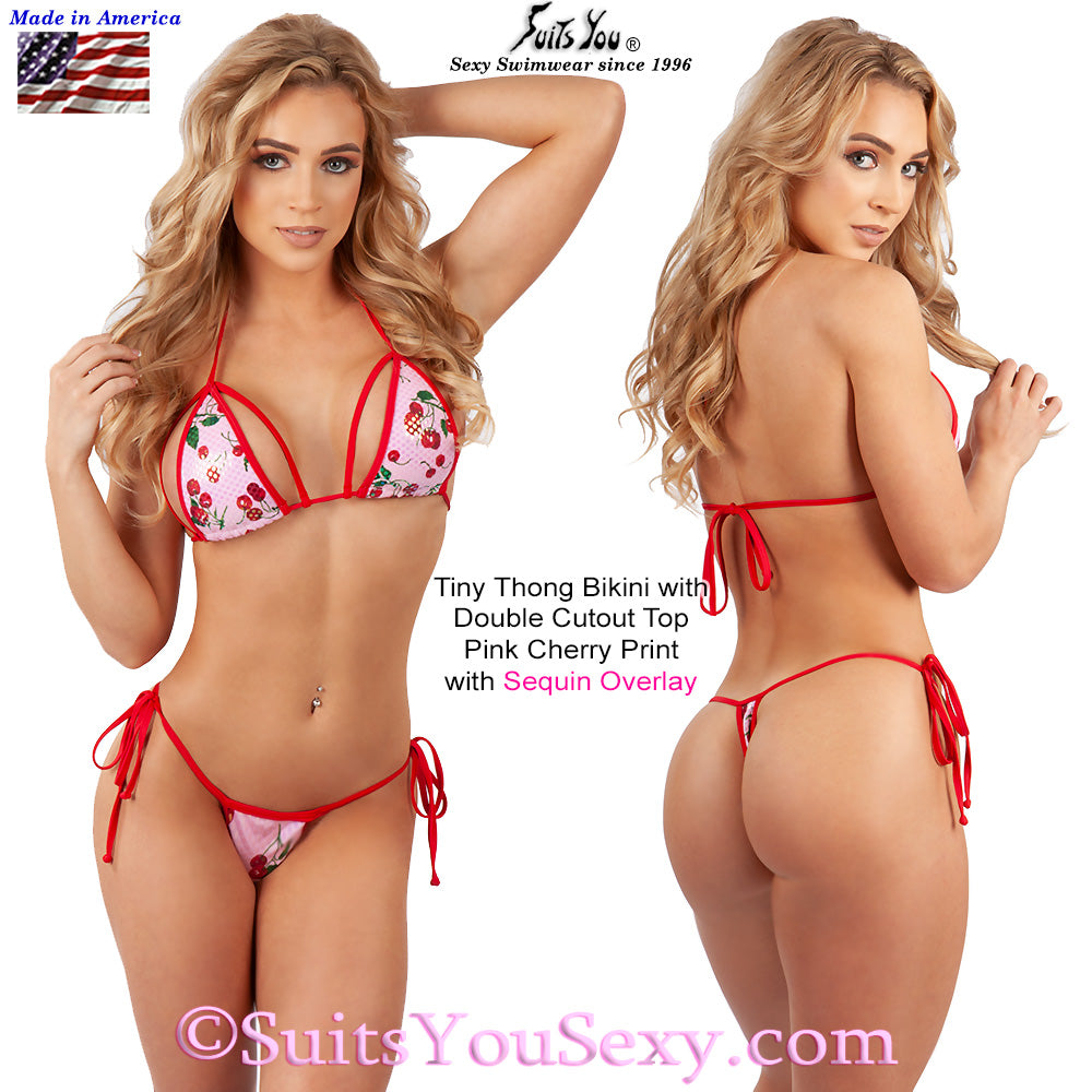 Tiny thong bikini with sequin overlay in pink cherry print, double cutout top, handmade in USA