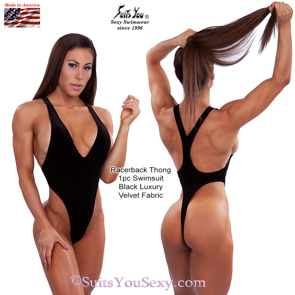 Luxury velvet racerback thong one-piece back view — designed by Lucy, made in Clearwater FL