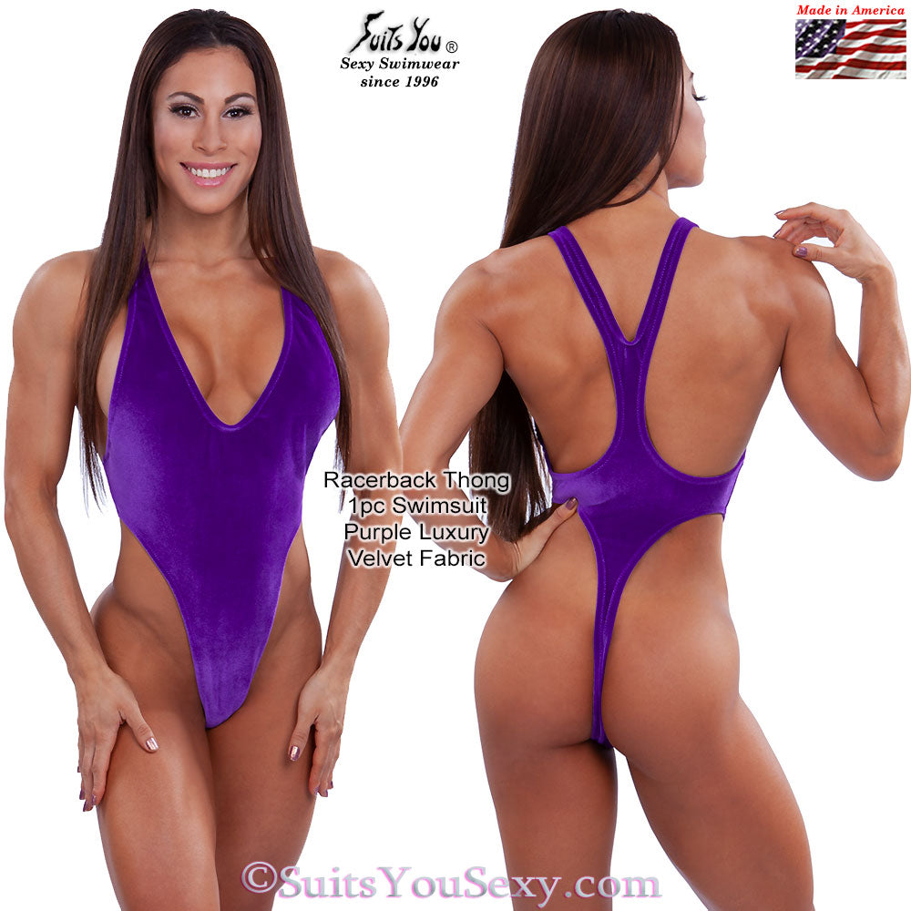 Velvet racerback one-piece side view — designed by Lucy
