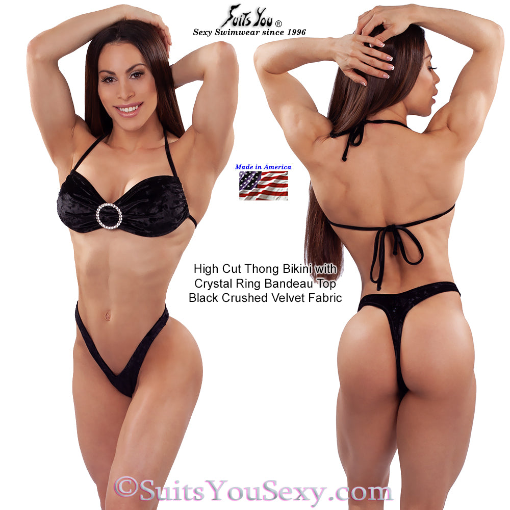 Velvet high cut thong bikini with crystal ring bandeau top, front view, manufactured in USA